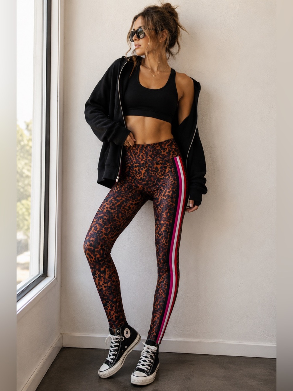 Goldsheep Leopard Print High-Waisted Leggings | Pink Stripe Side Made in USA Med